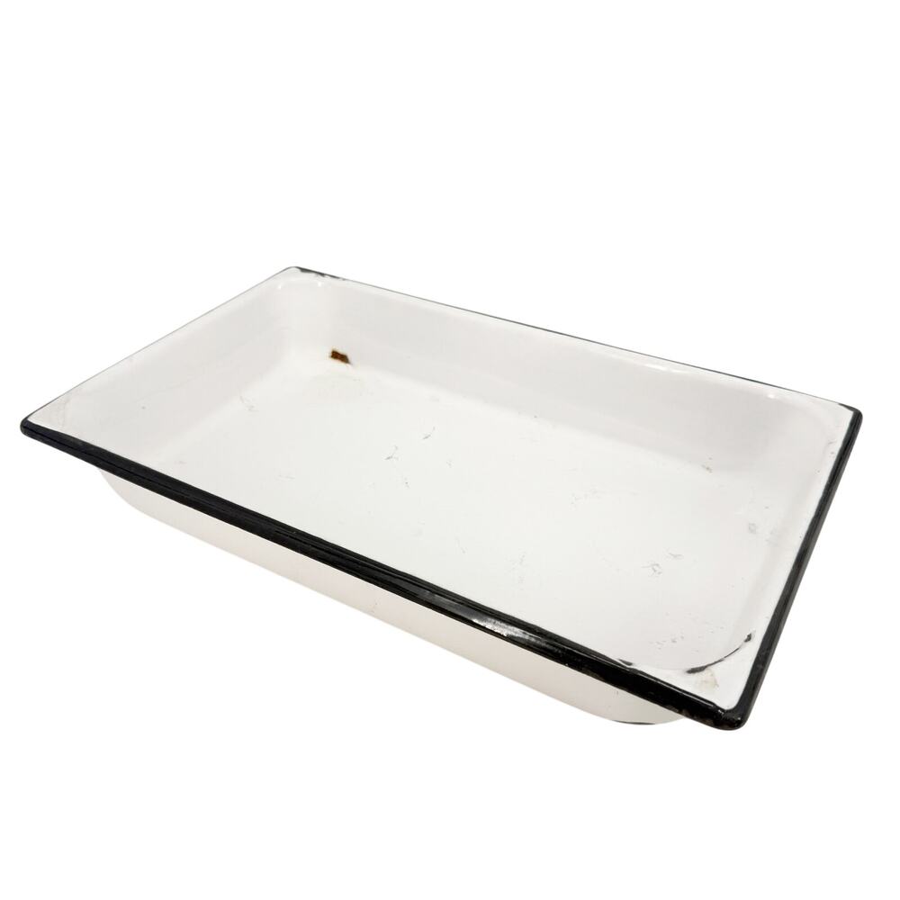 vintage white enamelware Baking Pan large rectangular tray black trim